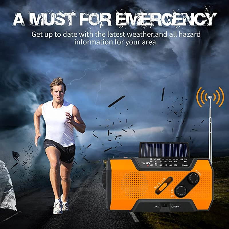 Solar Crank Radio AMFMNOAA Weather Radio with Flashlight2000 mAh Power BankSOS Alarm Reading LampPhone Charger for Tornadoes Hurricanesand Storms Orange