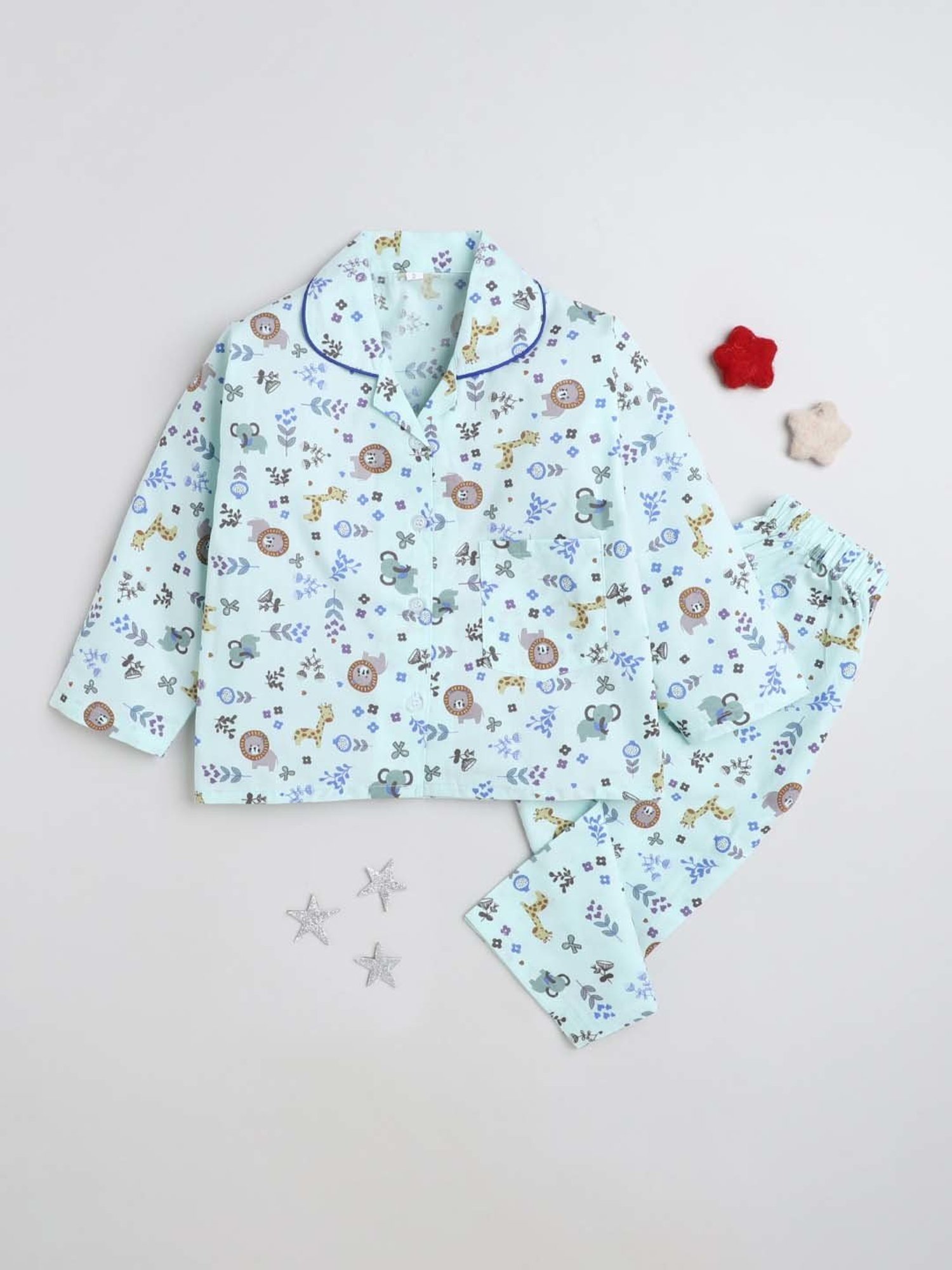 The Magic Wand Boys Blue Cotton Printed Full Sleeves Shirt Set