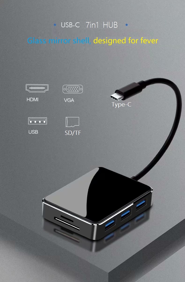 7in1 Type-C to HDMI VGA 3 x USB3.0 Adapter with SD/TF Card Reader and Glass Surface, 7-in-1 USB-C HUB with HDMI VGA USB SD TF Port, USB C to 4K HDMI VGA 3 USB 3.0 SD/TF Card Reader Dock.