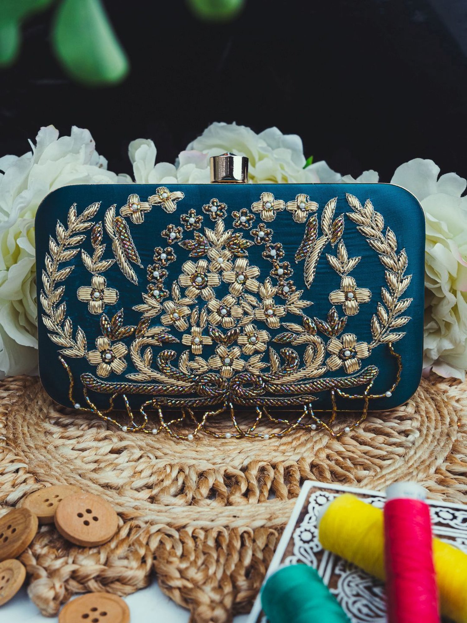 NR by Nidhi Rathi Blue Fabric Minaudiere Clutch