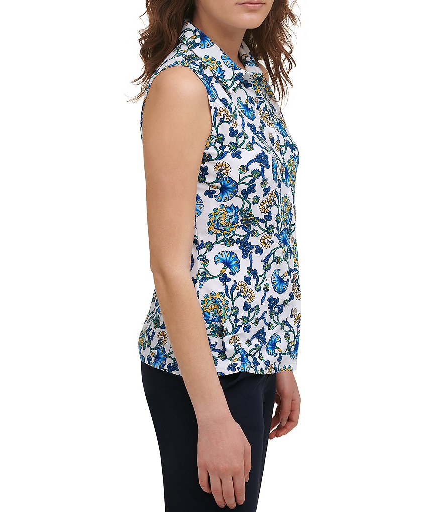 Tommy Hilfiger Floral Print Matte Jersey Point Collar Sleeveless Button Front Top