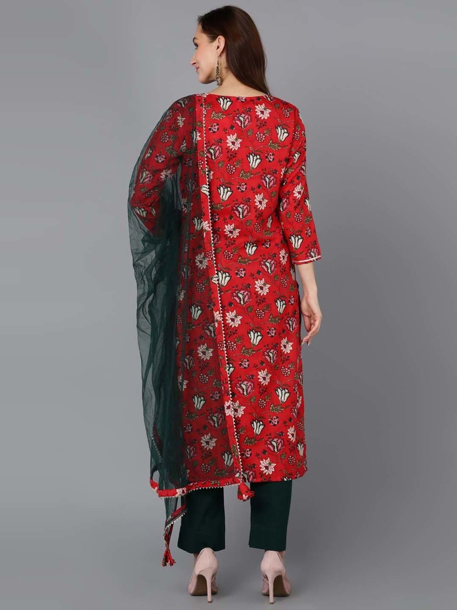 Vaamsi Red & Green Rayon Floral Print Kurta Pant Set With Dupatta