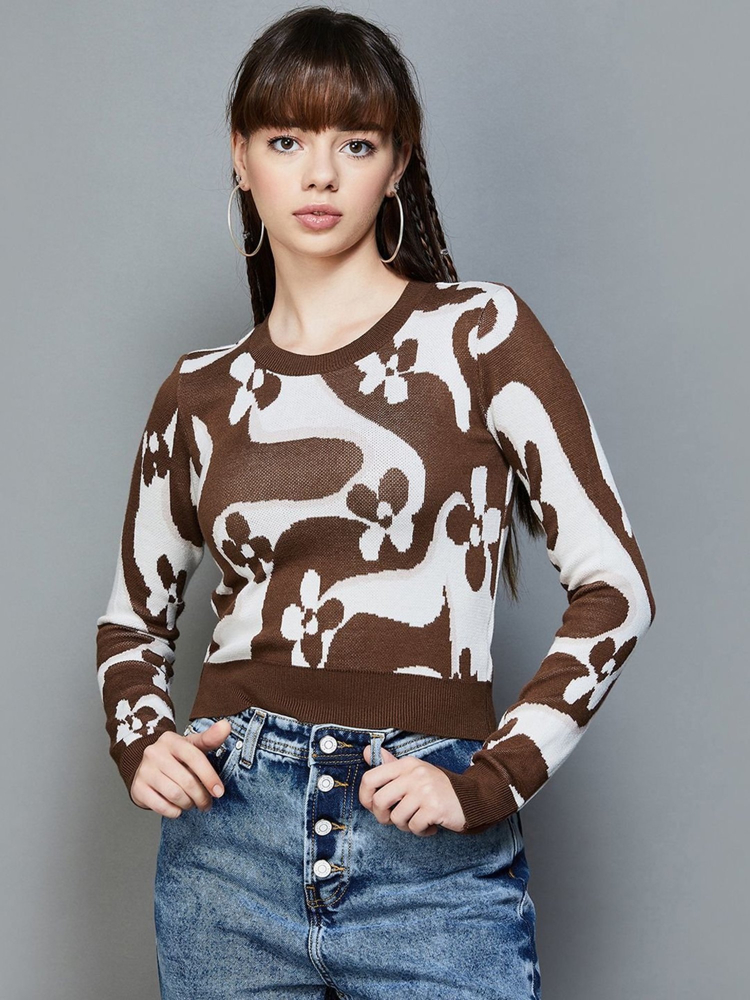 Ginger by Lifestyle Brown & White Printed Sweater