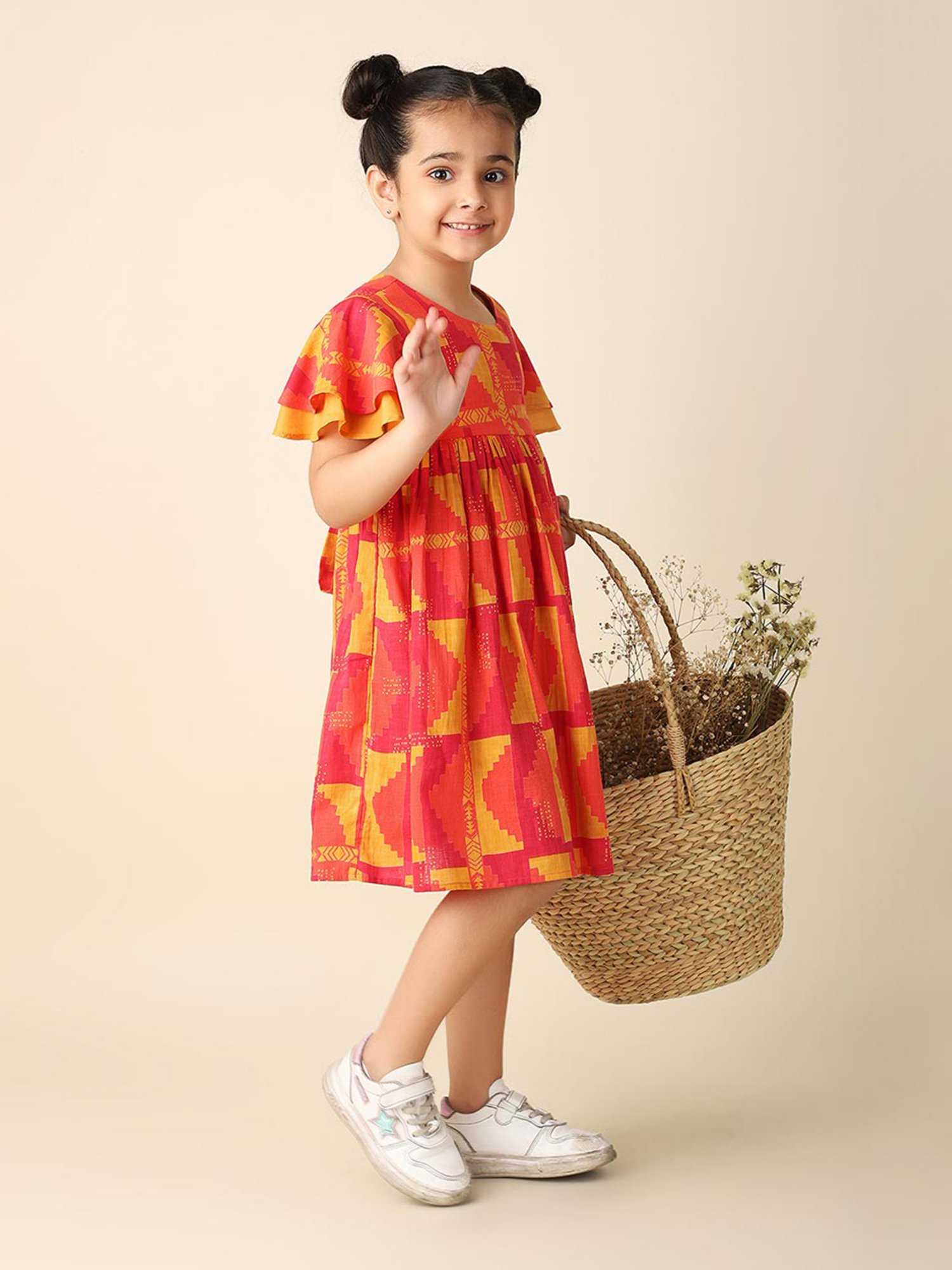 Fabindia Kids Red & Yellow Printed Dress