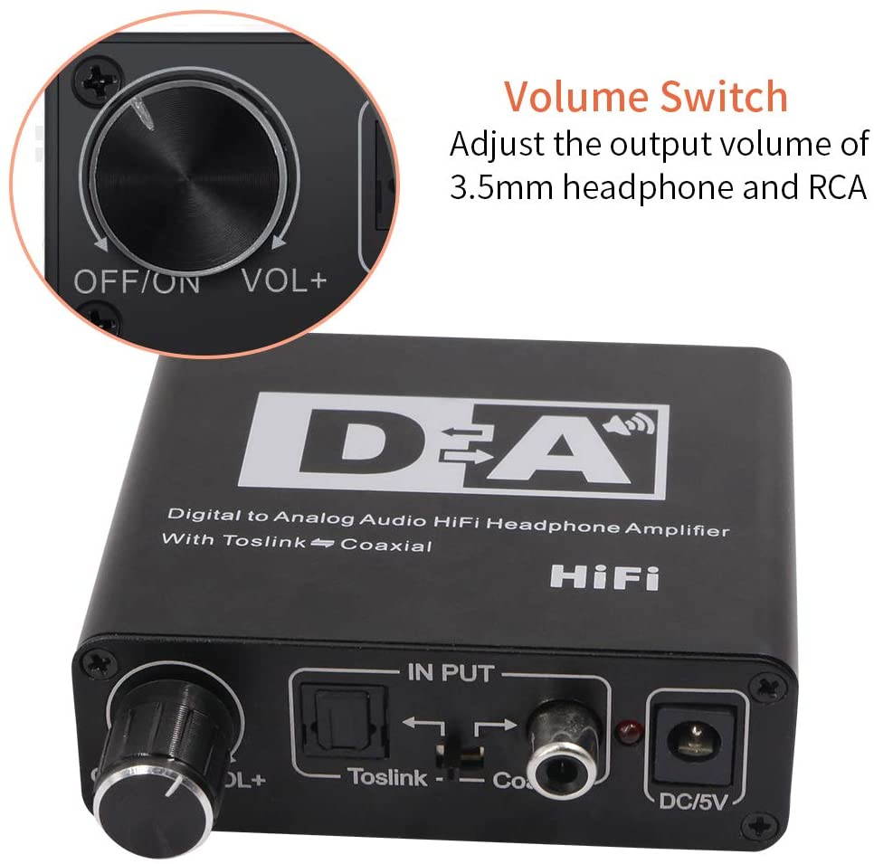 192KHz DAC Digital to Analog Converter, 3 in 1 Digital to Analog Audio Converter Optical Toslink Coaxial to Analog RCA L/R 3.5mm Jack Audio Adapter, Support Toslink to Coaxial and Coaxial to Toslink