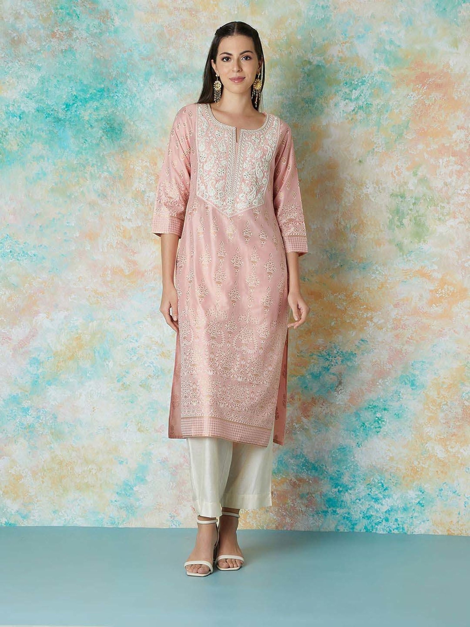 Melange by Lifestyle Pink Embroidered Kurta & Pant Set With Dupatta
