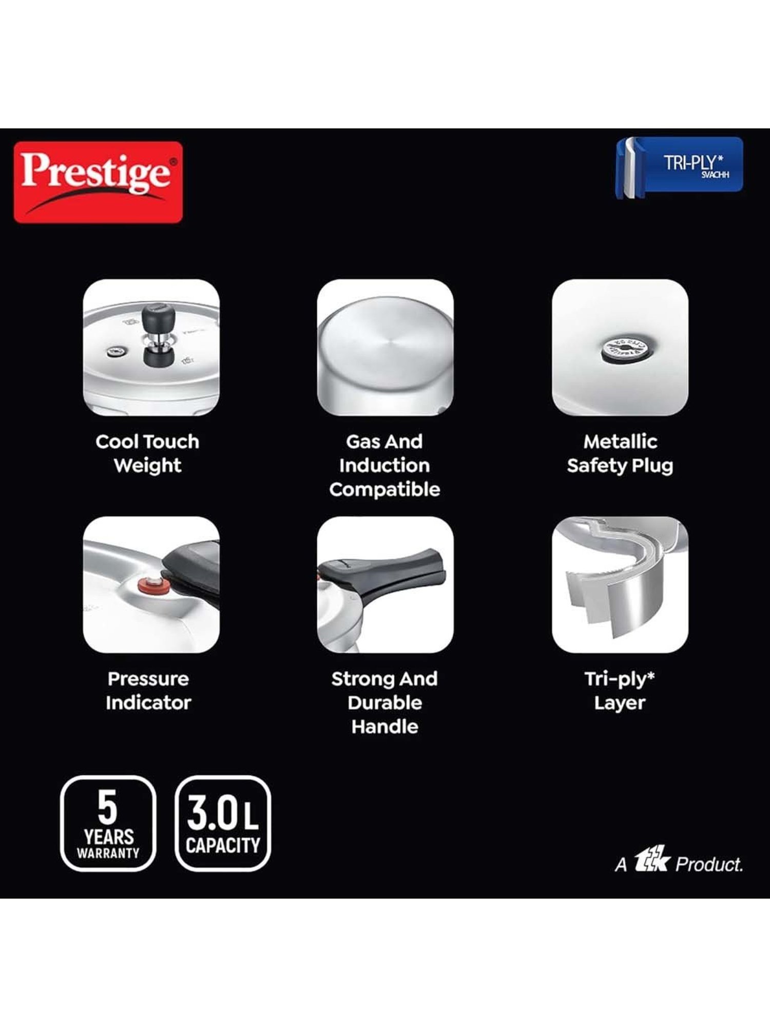 Prestige Silver And Black Stainless Steel 18 cm Svachh Handi Pressure Cooker (3 L)