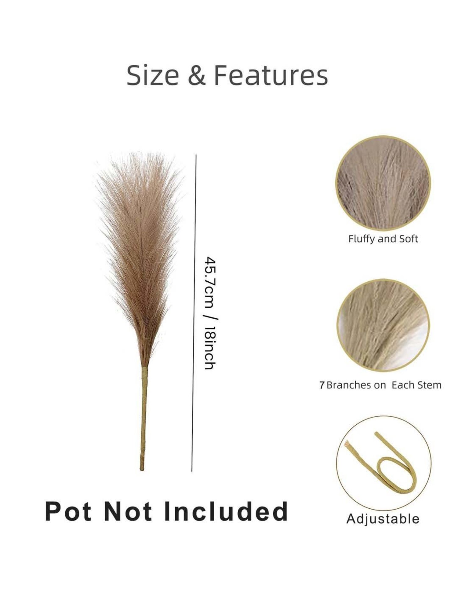 Homesake Natural Plastic Artificial Fluffy Pampas Grass Sticks For Vases - Set of 3