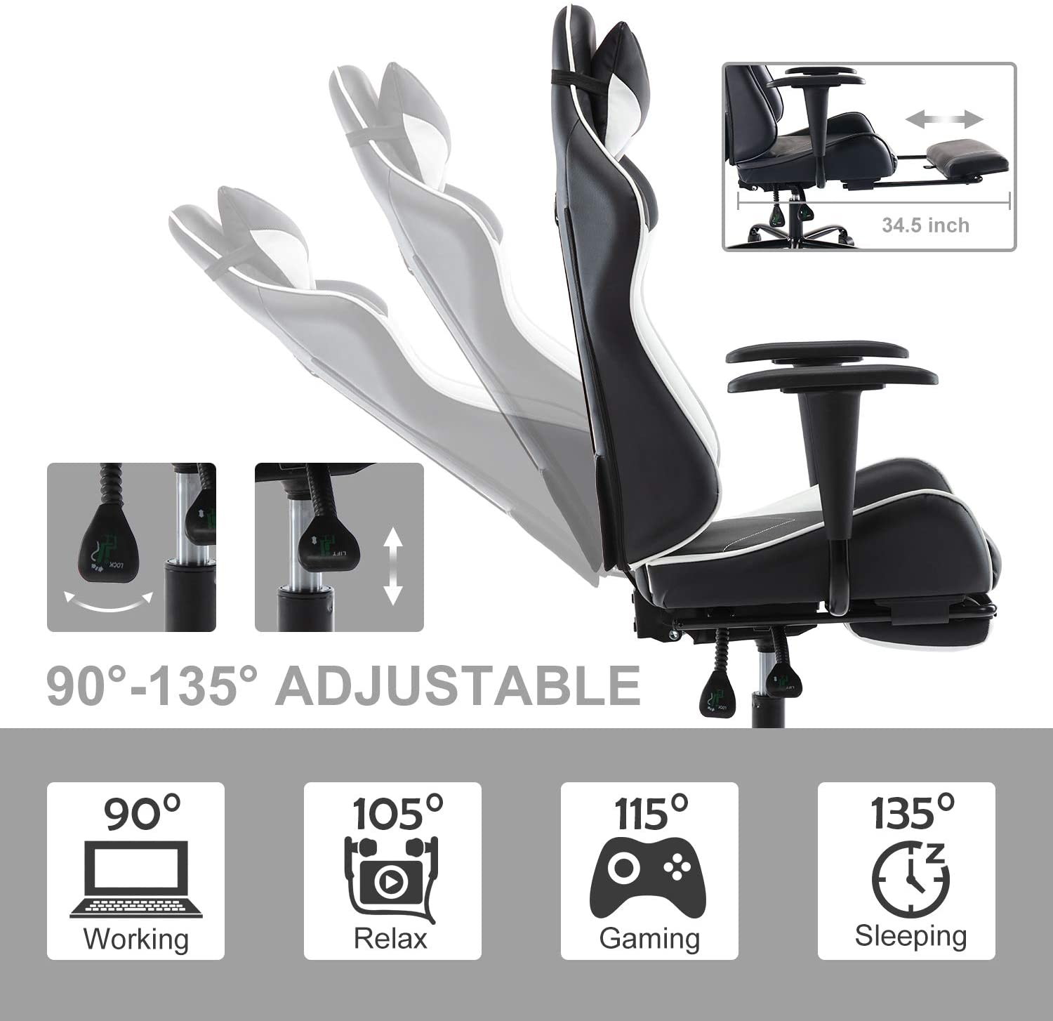 SMUGDESK Gaming Chair with Footrest Racing Style Recliner with Lumbar Support, Ergonomic Office Armchair for Computer PU Leather High Back Desk Chair Headrest Swivel Rocking Desk Chair, Blue