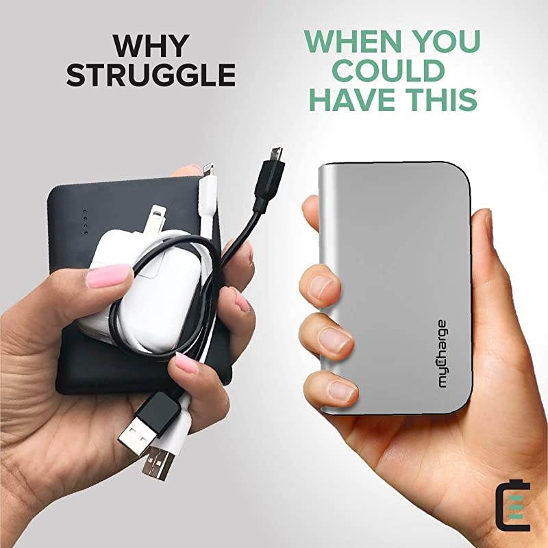 Portable Charger Power Bank HubPlus 6700 mAh Universal External Battery Pack | Foldable AC Wall Plug | Two Built in Cables for Apple iPhone Lightning for Samsung USB Type C Android