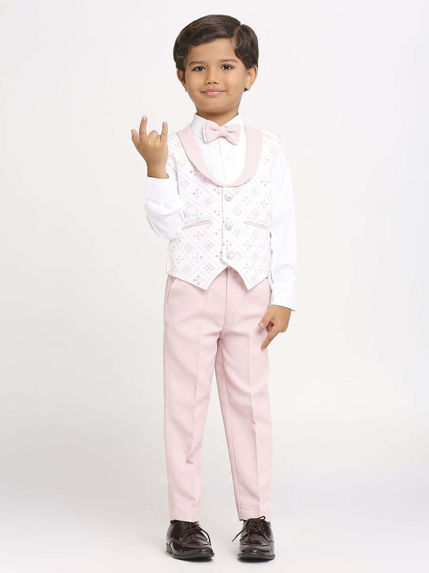 Kids Island Boys Pink Embroidery Full Sleeves Suit Set
