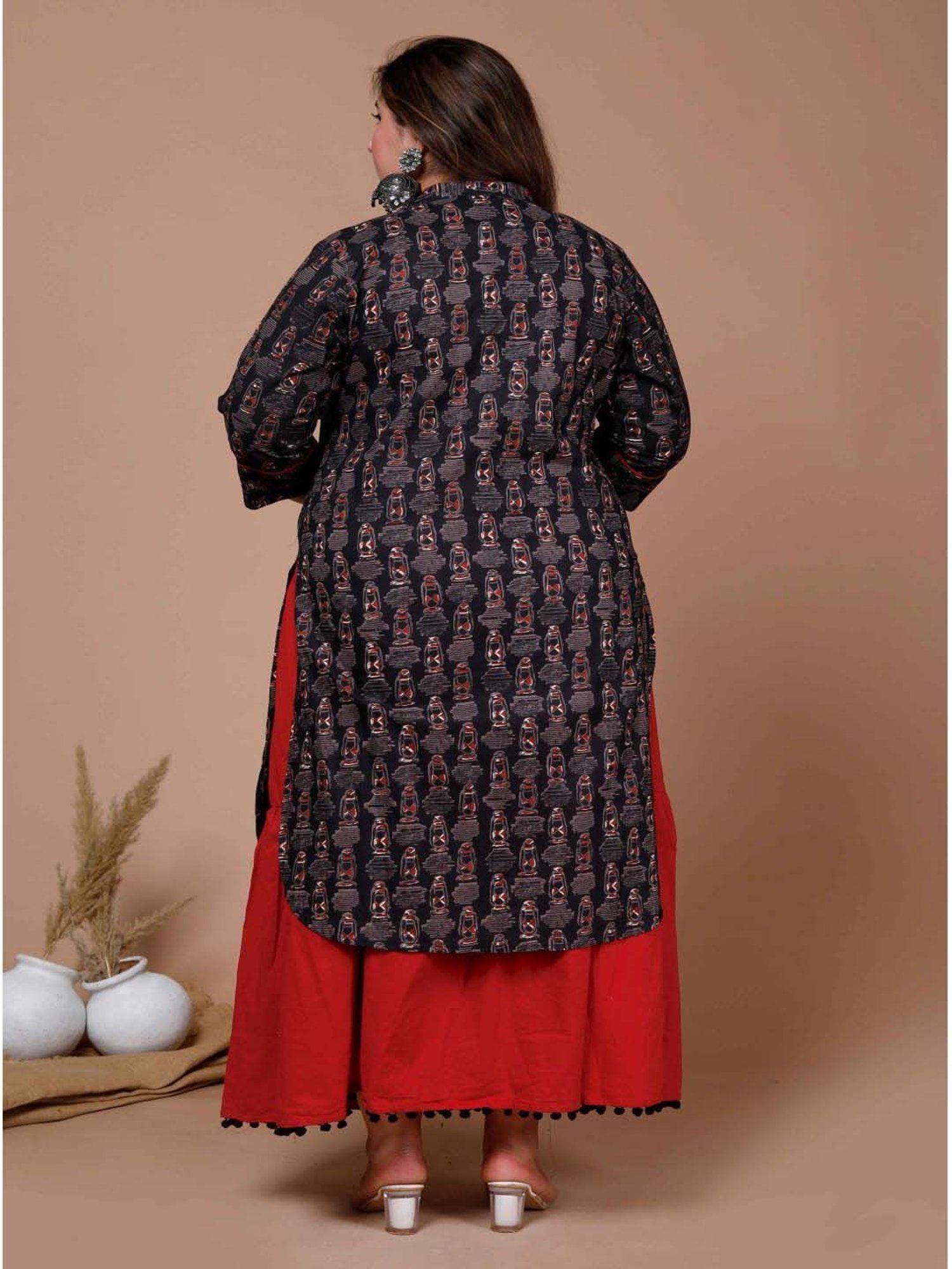 Miravan Black & Red Cotton Printed Kurta Palazzo Set
