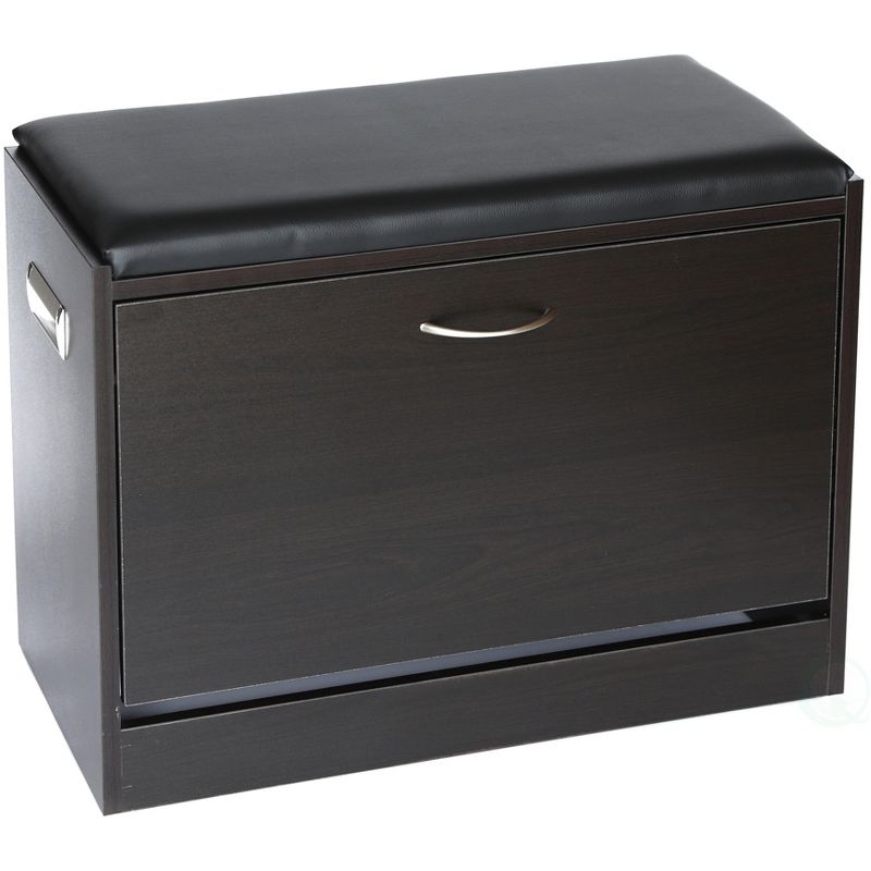 Black Wooden Fold-out Shoe Organizer - Shoe Storage Bench with Leather Cushion