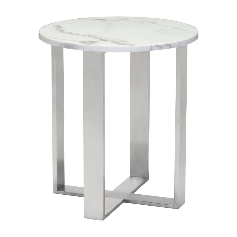 Modern Round Faux Marble Side Table - Stone, Brushed Stainless Steel - Zm Home
