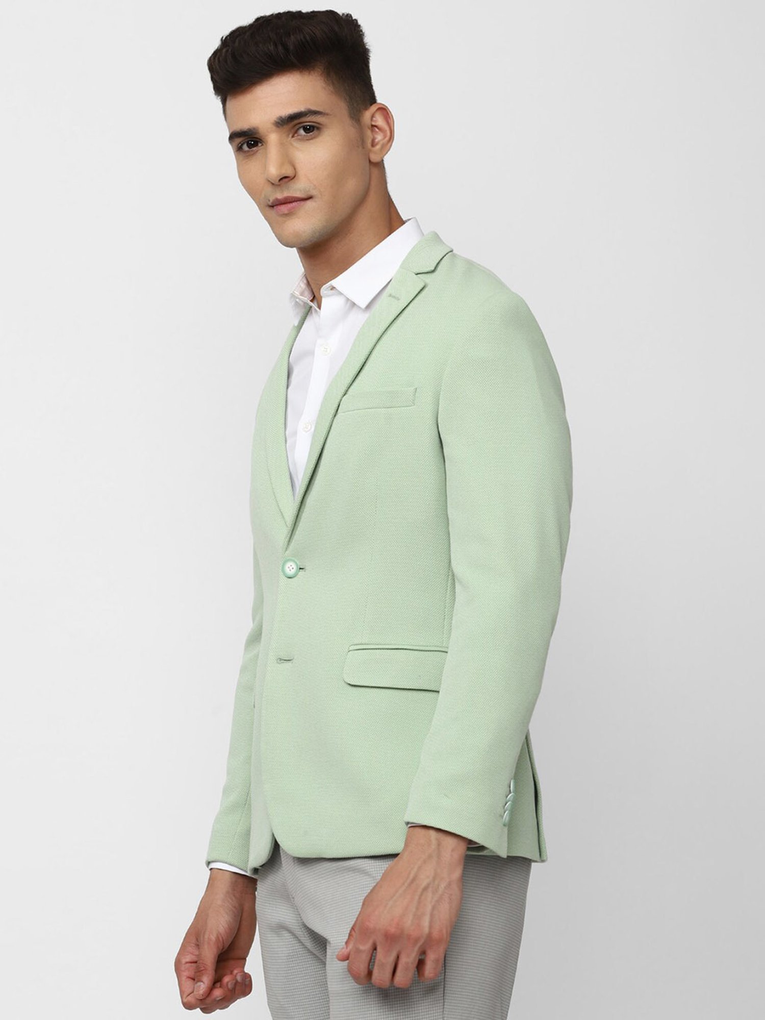 Peter England Mint Green Slim Fit Textured Notch Lapel Blazer