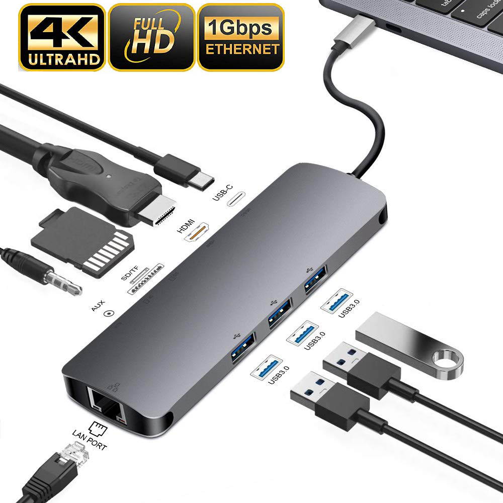 ESTONE USB C Hub 9 in 1 Aluminum Multiport Adapter With USB-C Charging, Port of Mic/Audio,3 USB 3.0 ports, HDMI, TF, MICro SD for Macbook Pro, Surface Pro,Notebook PC, USB Flash Drives and More