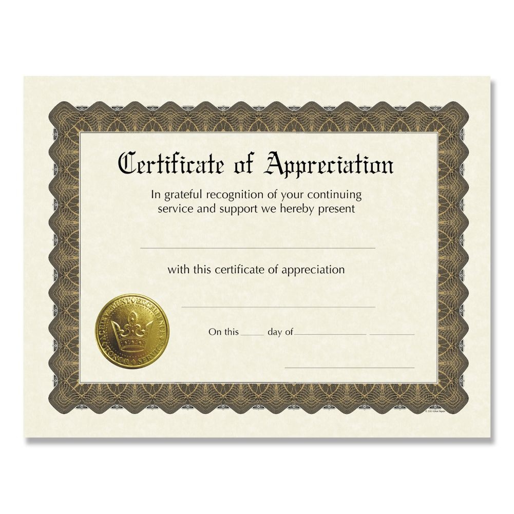 Cosco Ready-to-Use Certificates 11 x 8.5 Ivory/Brown Appreciation 6/Pack 930000