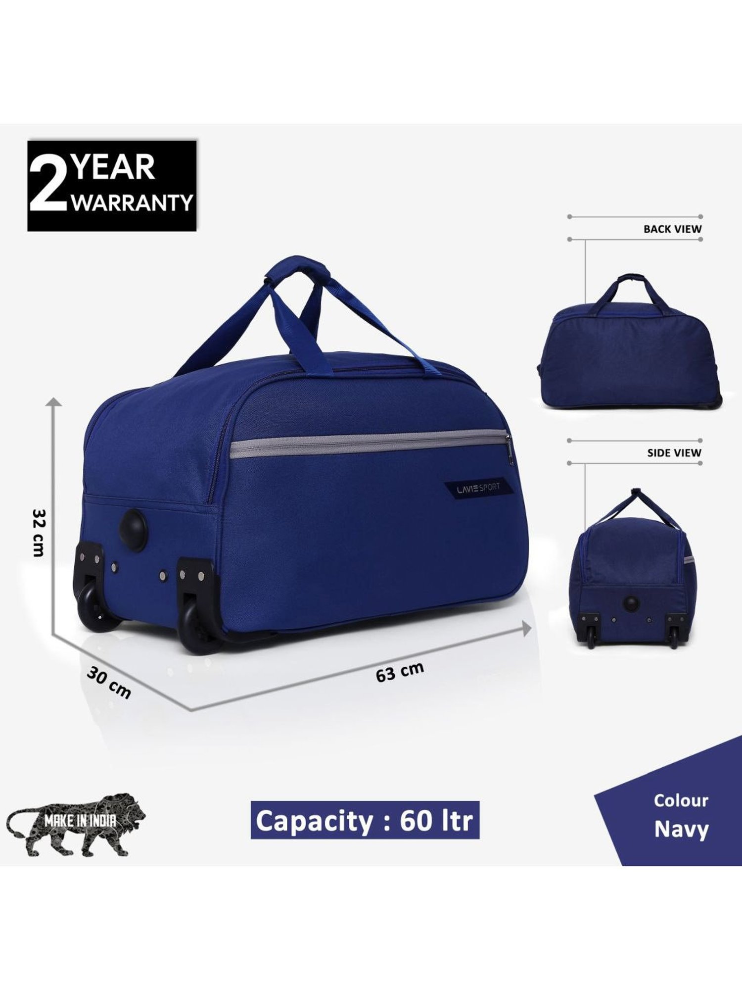 Lavie Sport Large Size 63 Cms Lino Wheel Duffle Bag | (Navy)