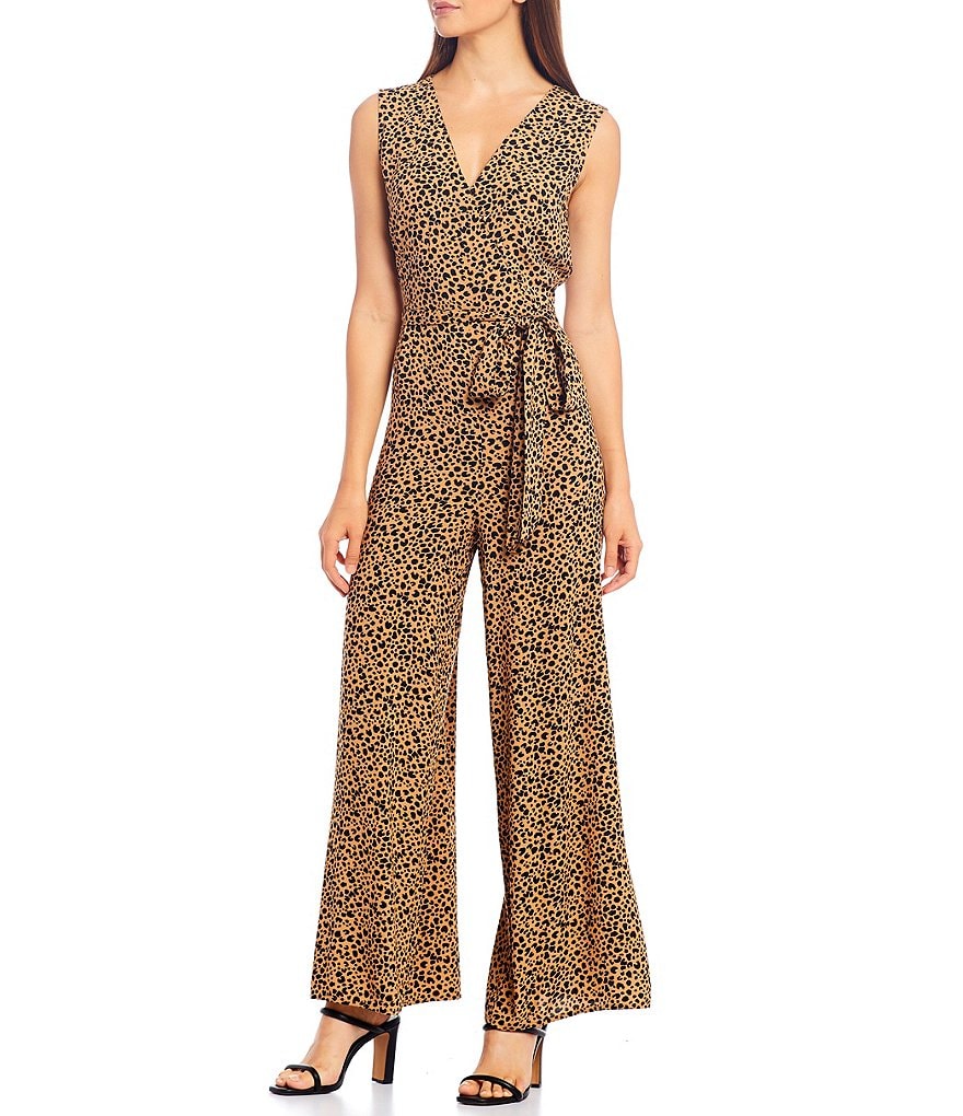 Skies Are Blue Leopard Print Belted Wide Leg Sleeveless Jumpsuit