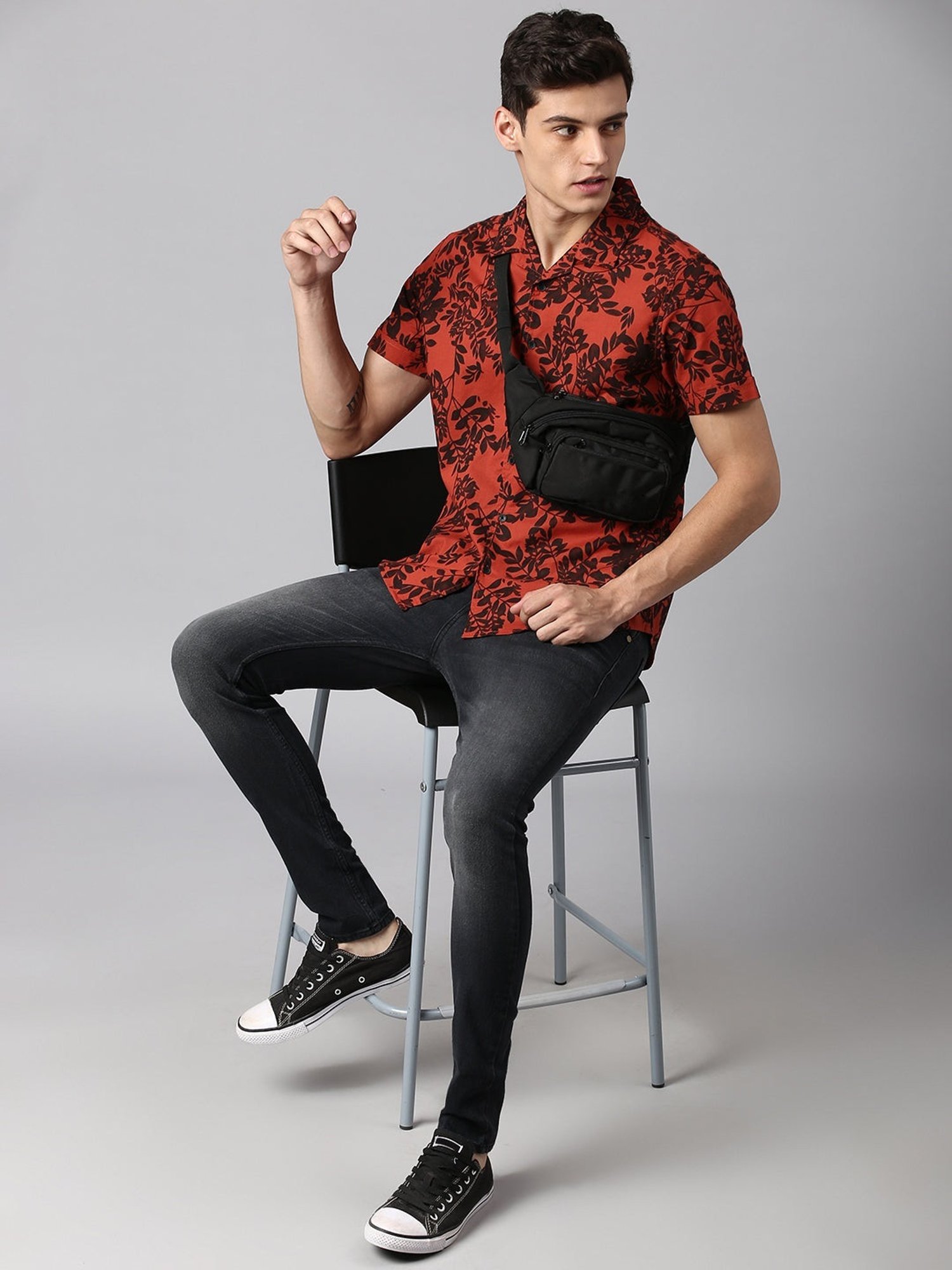 Dennis Lingo Red Cotton Slim Fit Printed Shirt