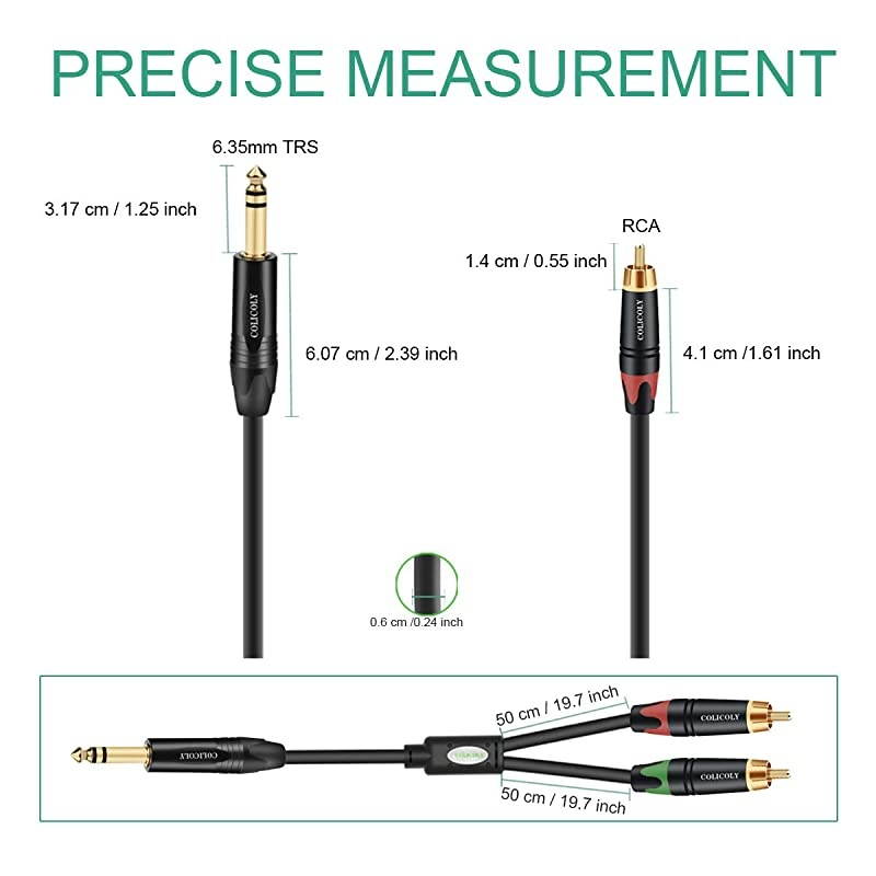 14 Stereo to RCA Cable Quarter inch TRS to 2 RCA YSplitter Stereo Audio Cable Insert Cord 66ft