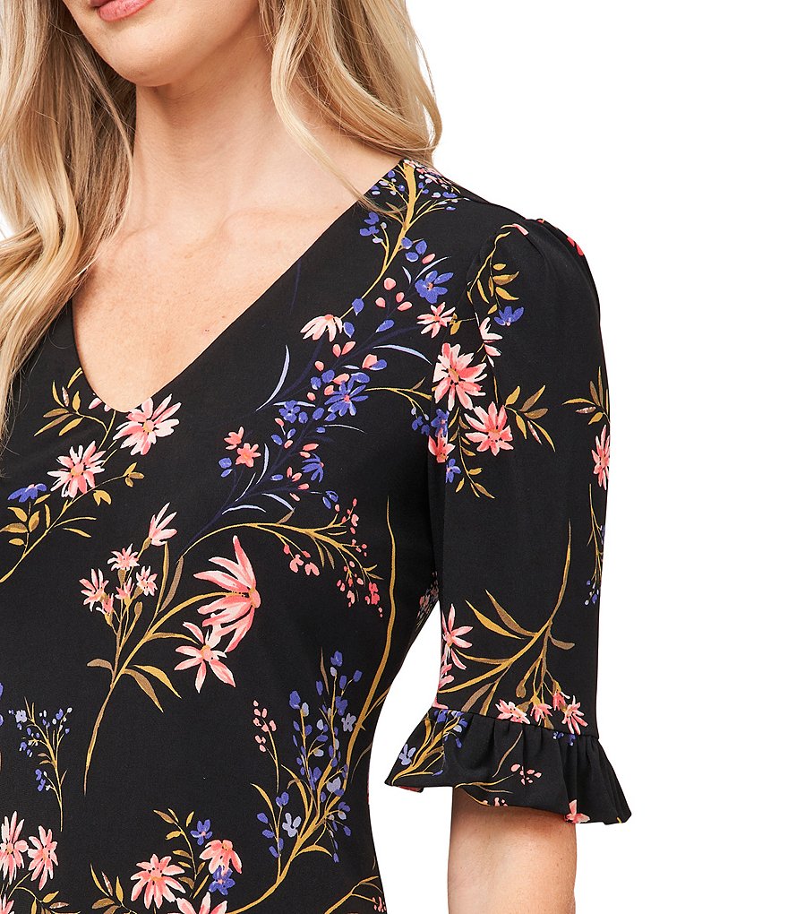 CeCe Ruffled Short Sleeve Floral Knit Dress