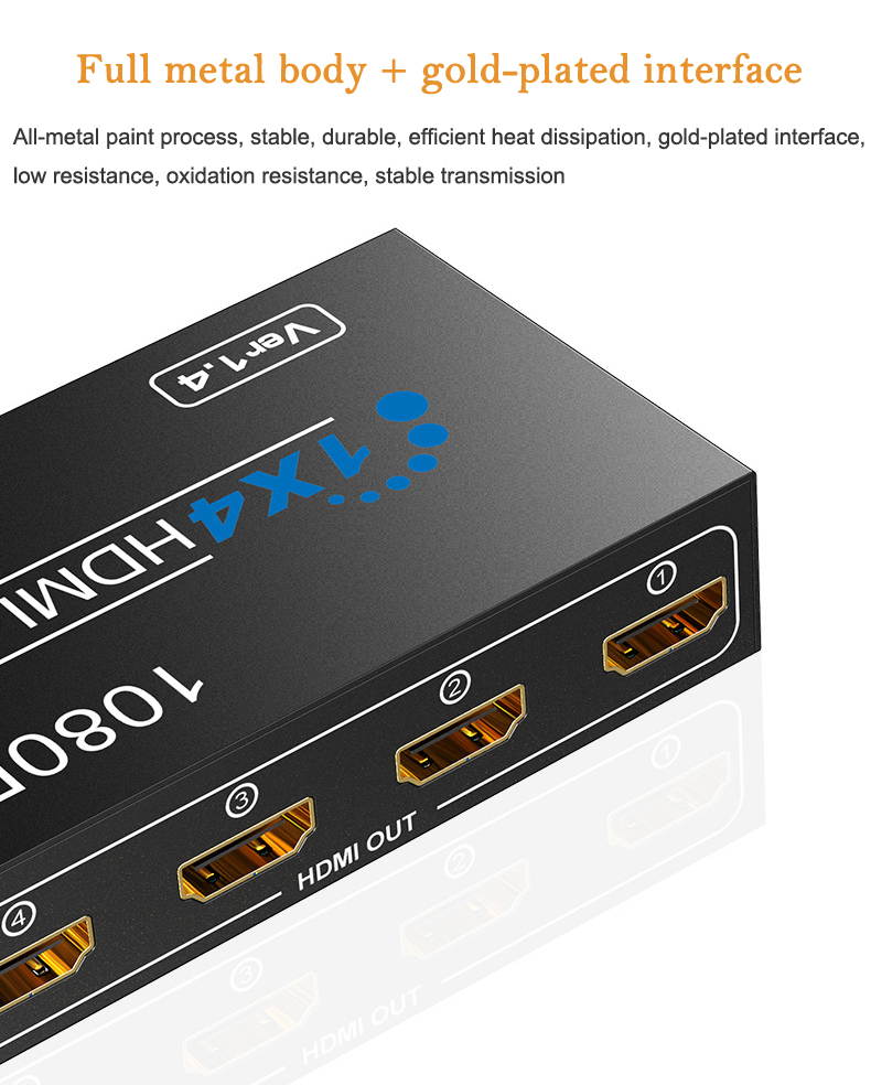 HDMI Video Splitter 1x4 HDMI Splitter 1080P 3D Video Switch 1 in 4 Out Amplifier Display For HDTV DVD PS3/4