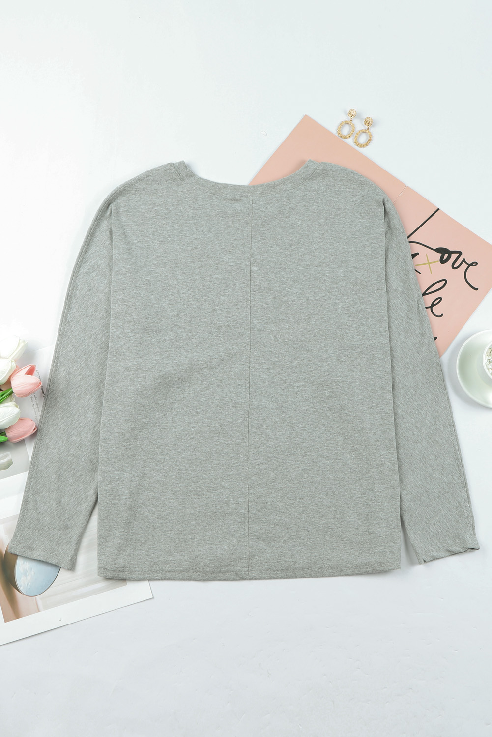 Grey Plain Solid Color Casual Seam Long Sleeve Top