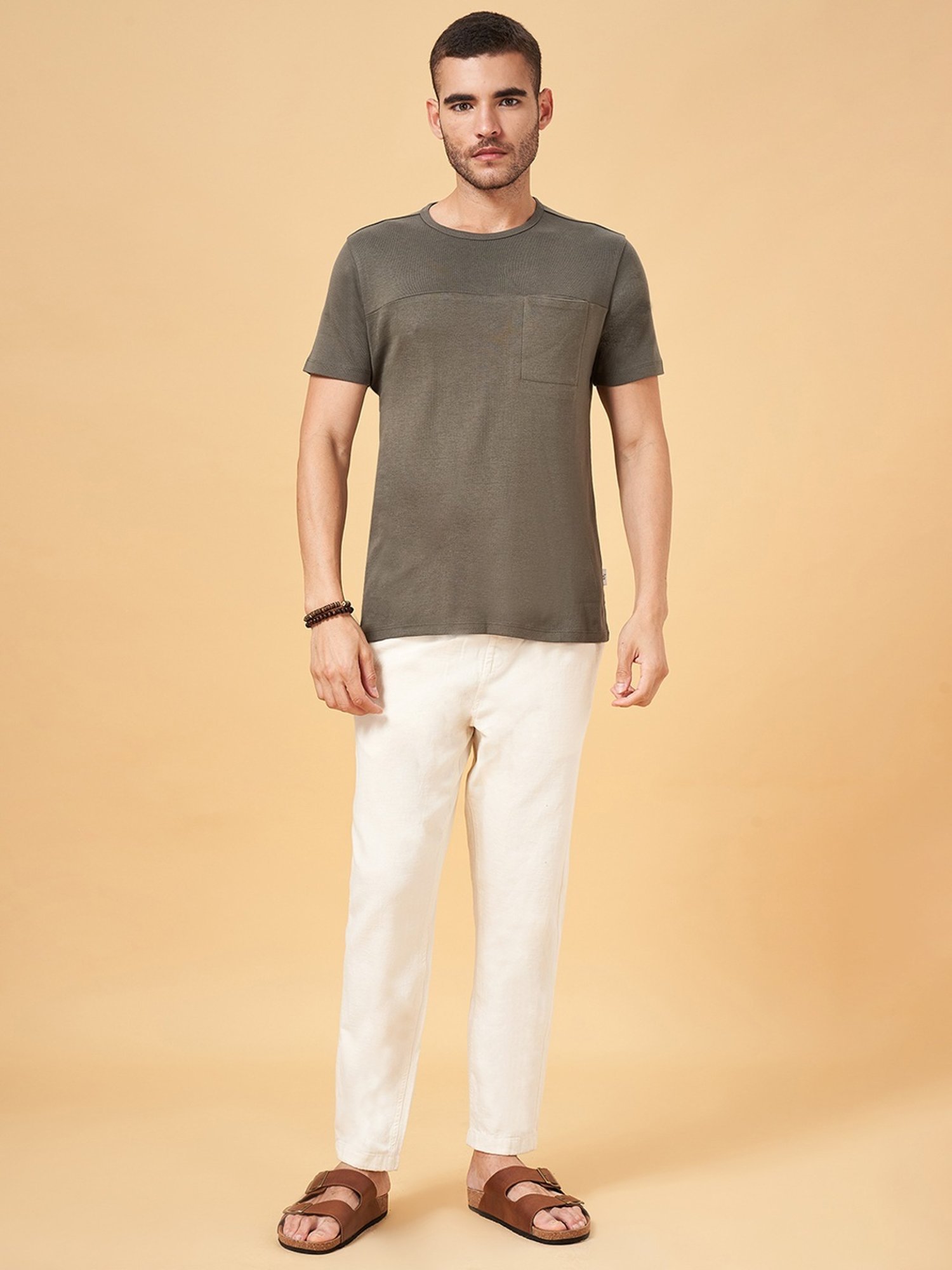 7 Alt by Pantaloons Green Cotton Slim Fit T-Shirt