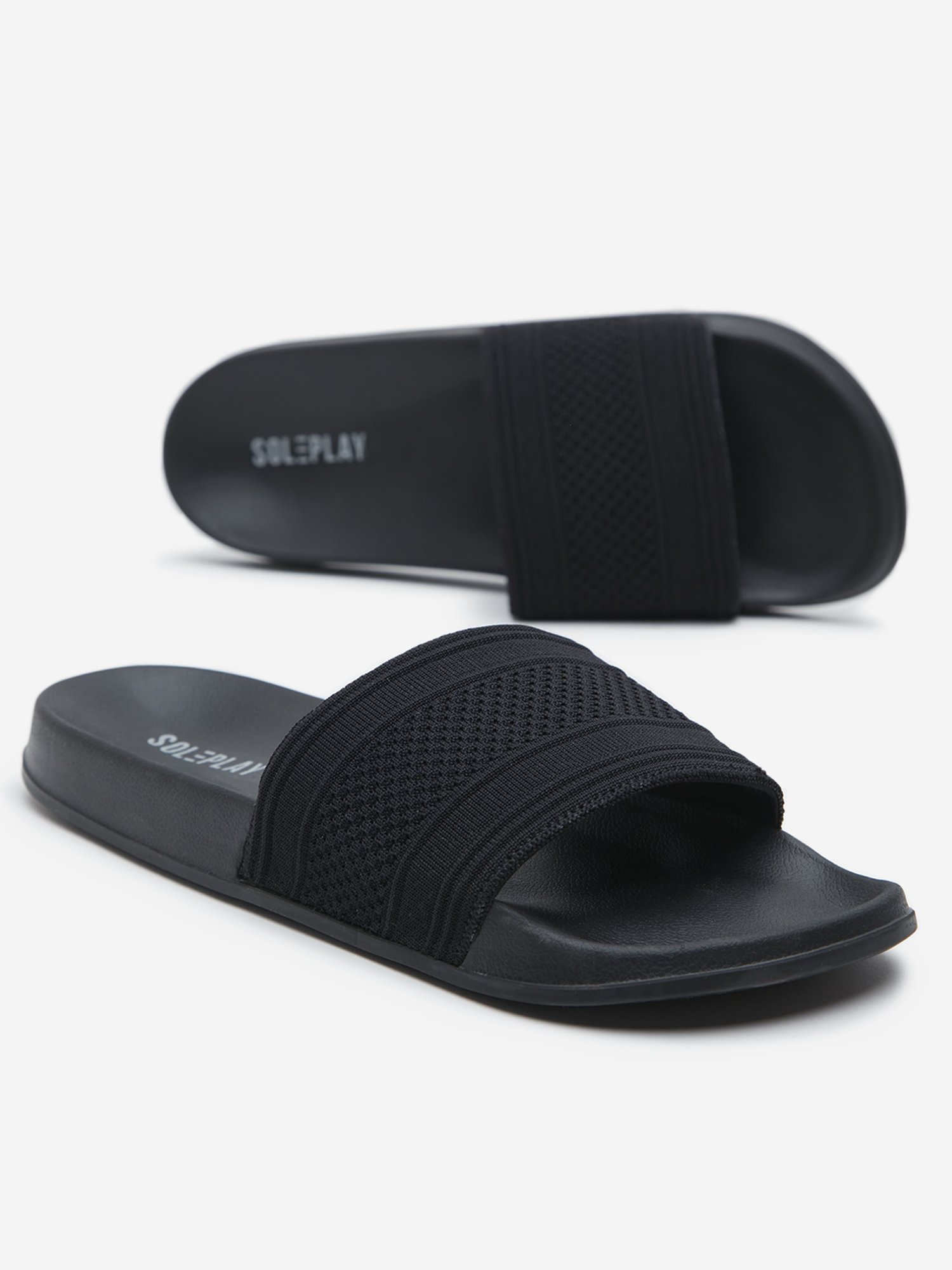 SOLEPLAY by Westside Black Knit-Textured Slides
