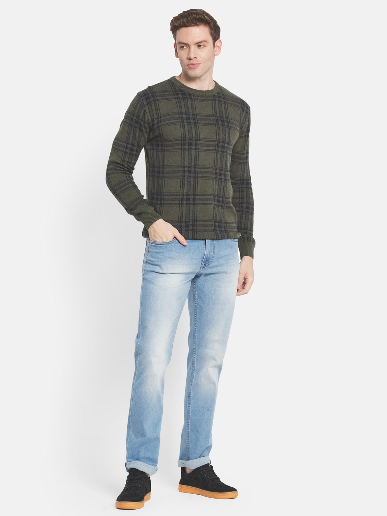 Mettle Olive Cotton Regular Fit Checks Sweater