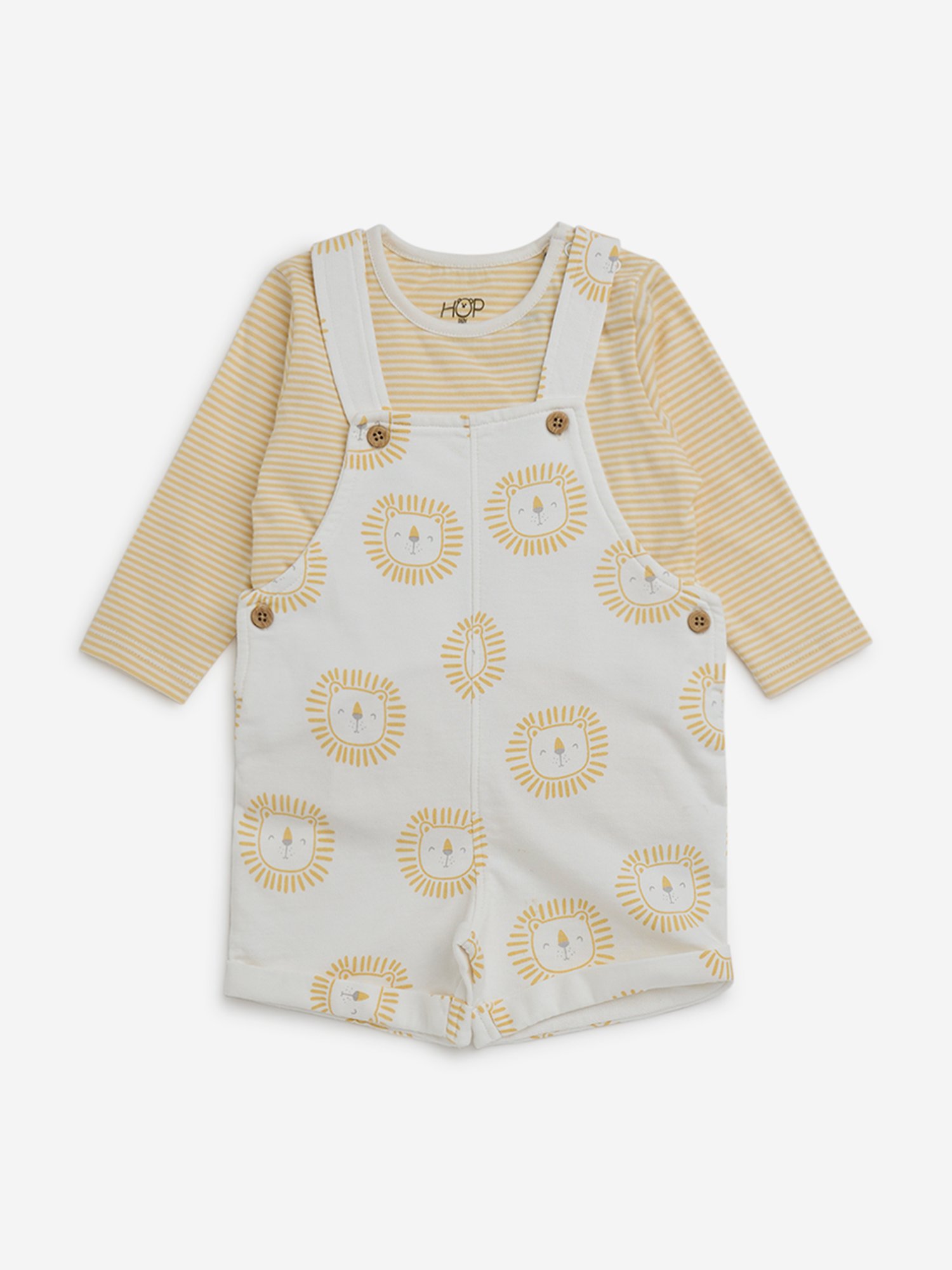 HOP Baby by Westside Mustard Animal Print Cotton Dungaree & T-Shirt Set