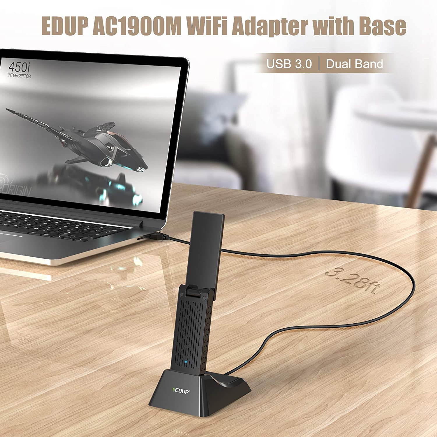 USB 3.0 Wifi Adapter, EDUP AC1900M + 39" Extender Cable & Base, Dual Band 2.4G/5.8G 6dBi Antenna Wireless WiFi Network Card Adapter for Desktop Laptop PC Support Windows 10/8/8.1/7/XP/Vista/Mac OS