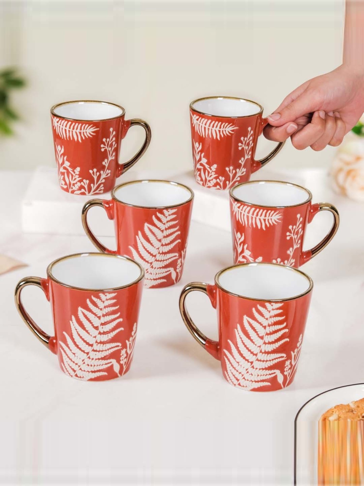 Nestasia Red Coffee Mugs With Golden Rim and Handle Set Of 6 200ml