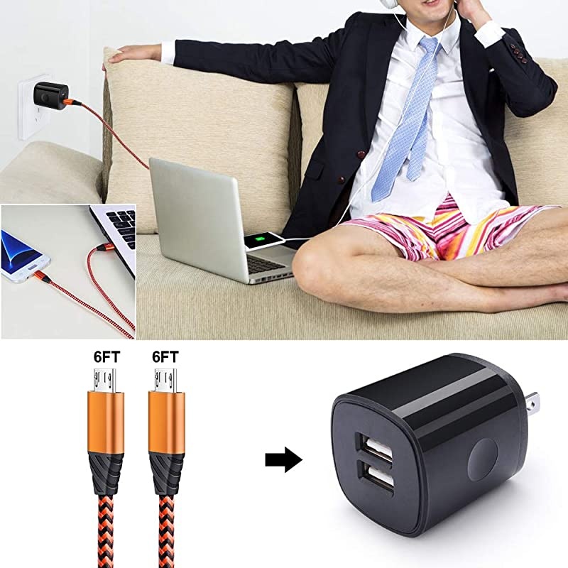 Charger Plug with 2 Pack 6FT Android Micro USB Cable Nylon Braided Cord Compatible for LG Aristo 3+ 4+ 2Arena 2Prime 2Phoenix 3 2 PlusFortune 2 LG K8V K50 K40 K30 Stylo 23 Plus