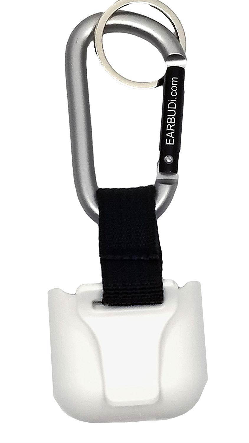 NEW-EARBUDi Clip Case for Apple AirPods | Built in clip Attaches to Belt, Pocket, or Bag | Included Carabineer clips to Most Anything | Included Key Ring Turns your AirPods into a Keychain | White