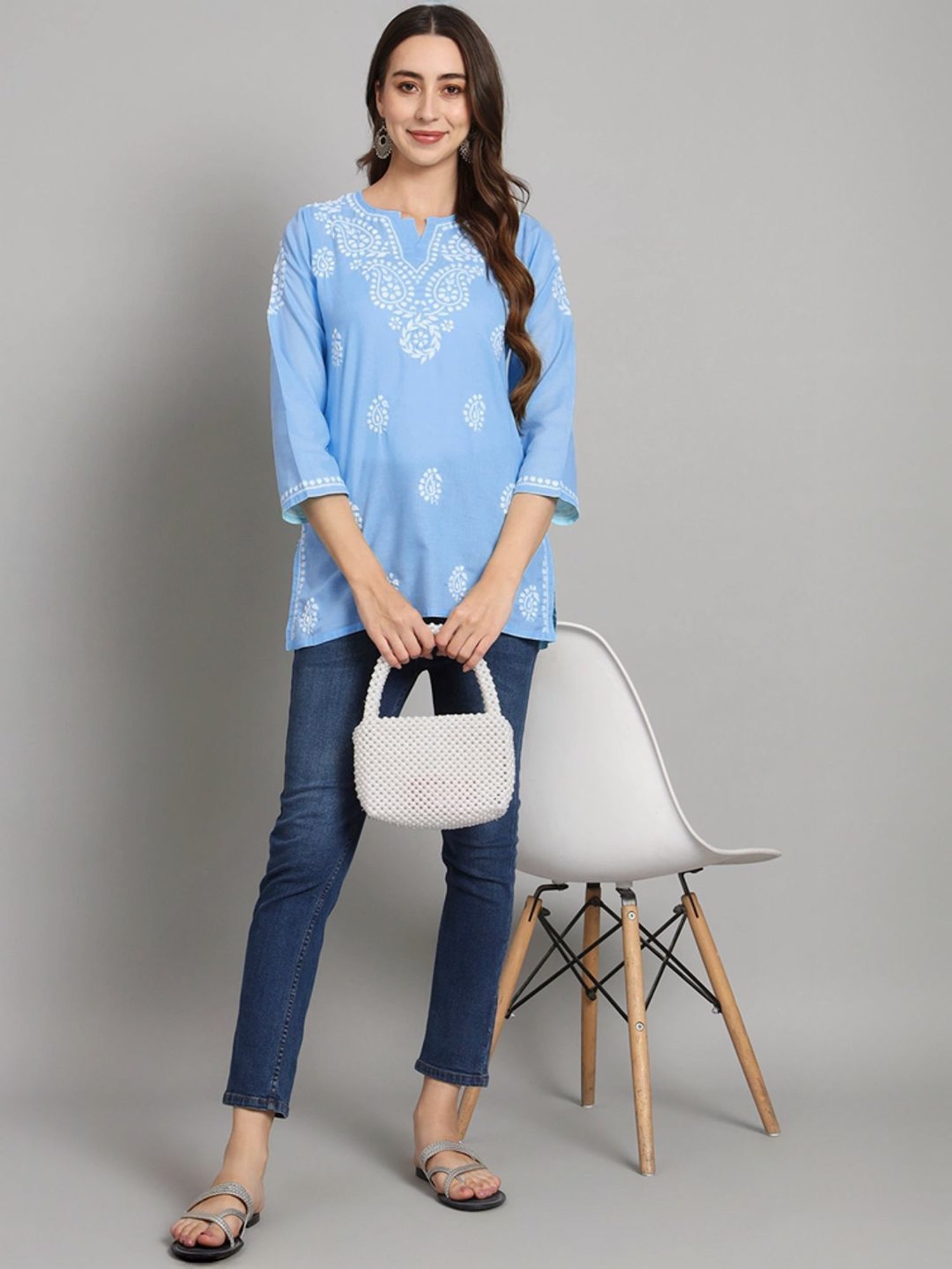 PARAMOUNT CHIKAN Sky Blue Cotton Hand Embroidered Chikankari Straight Kurti