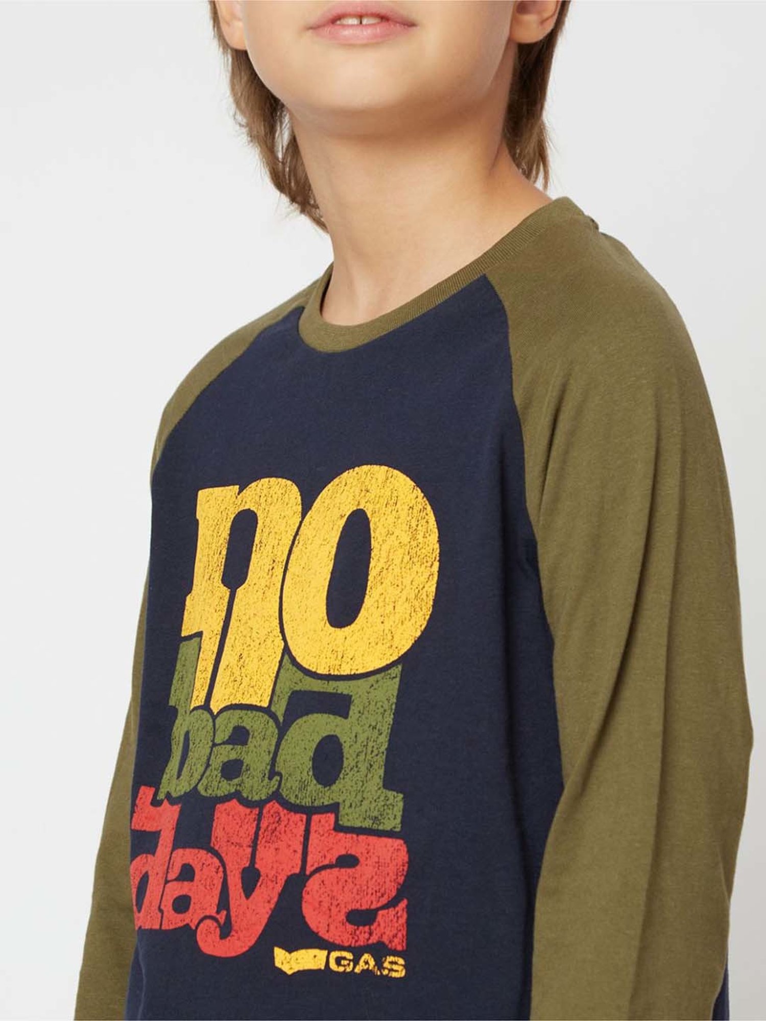 Gas Kids Navy & Green Cotton Printed Full Sleeves T-Shirt