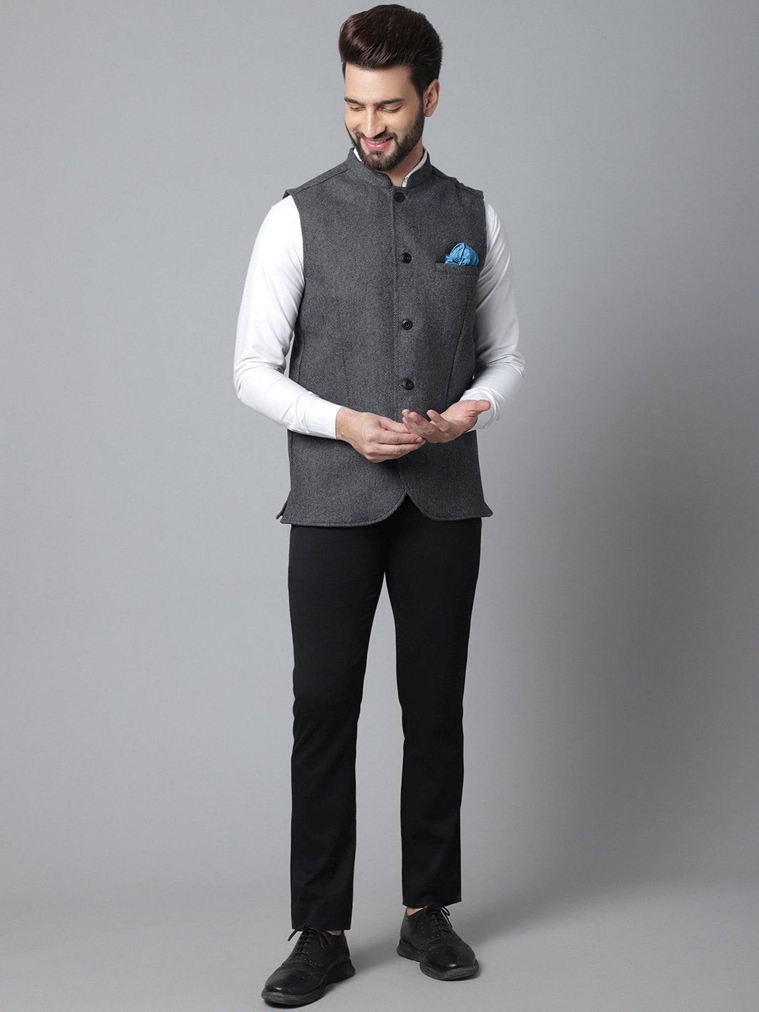 Even Grey Regular Fit Texture Nehru Jacket