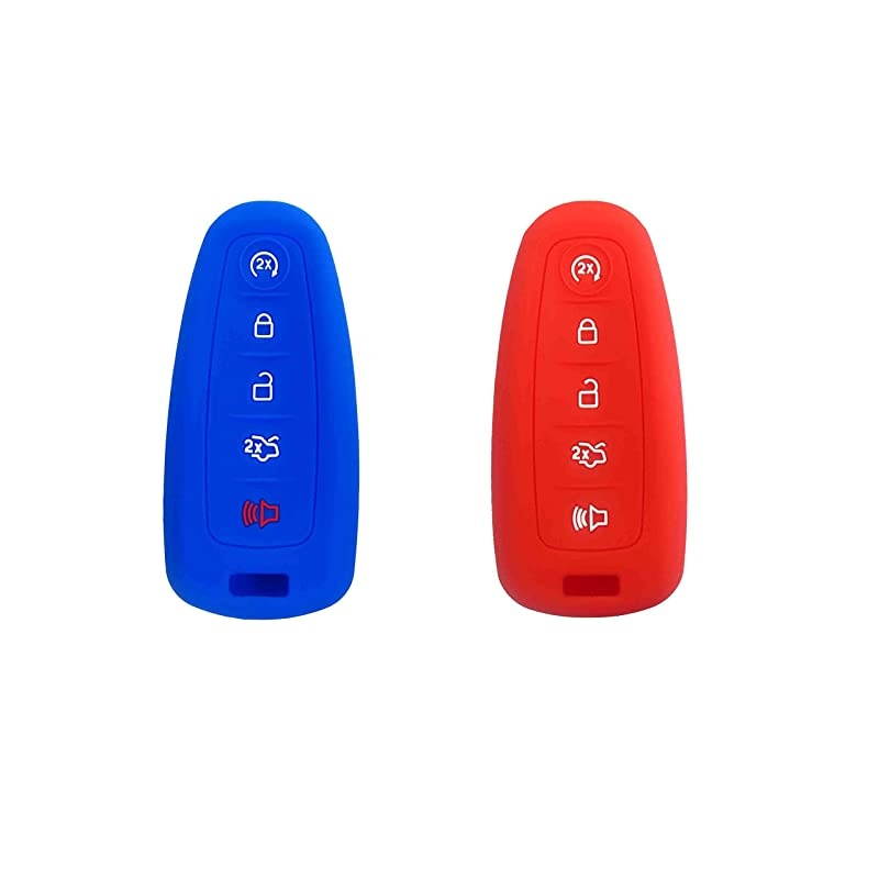 Autotech Remote Key Silicone Rubber Keyless Entry Shell Case Fob and Key Skin Cover fit for C Max Edge Escape Titanium Explorer Flex Focus Taurus Lincoln MKX MKT Navigaton(1 Pair) (Blue+Red)
