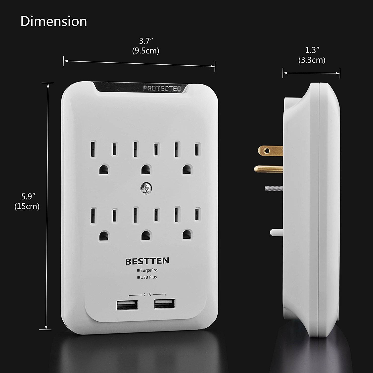 BESTTEN 6 Outlet Wall Tap Adapter, Mountable Surge Protector with Dual USB Charging Ports (2.4A Totally) and 6 AC Plugs, ETL Certified, White