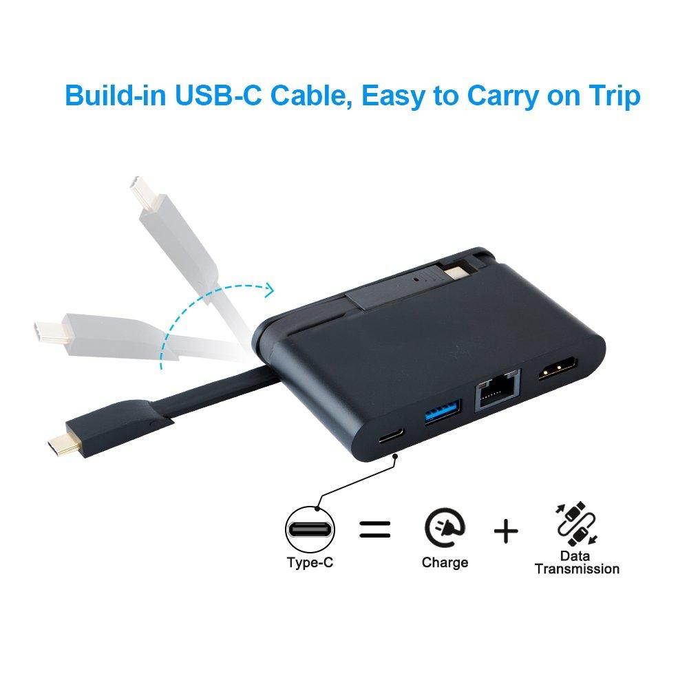 USB C Hub with Hidden Cable, CableCreation USB Type C to HDMI, Ethernet, USB 3.0, USB Type C PD Port, Compatible with MacBook Pro 2018, iPad Pro 2018, MacBook Air 2018, XPS, External Hard Drive