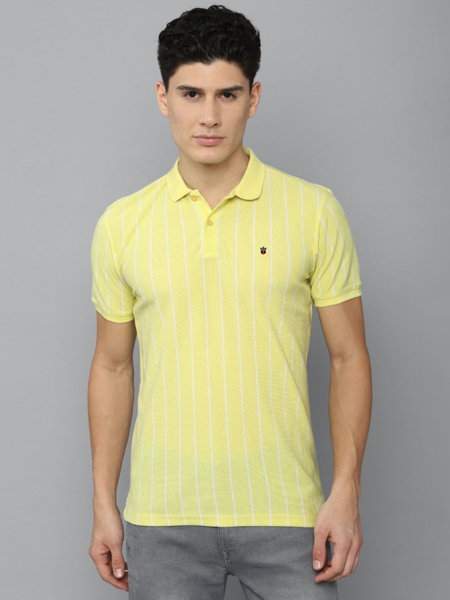 Louis Philippe Sport Yellow Cotton Slim Fit Striped Polo T-Shirt
