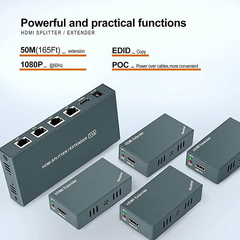 Extender Splitter 1x4, 1080P@60Hz, Extending 165ft (50m) Length Transmission Over CAT5e/CAT6/CAT7 Cable, 4 Channel Transmission Only 1 Power Adapter