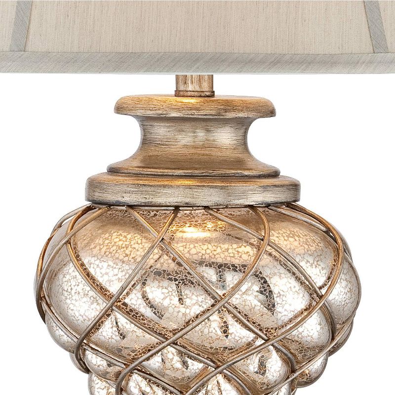 Barnes and Ivy Traditional Table Lamp with Nightlight LED Mercury Glass Off White Mist Fabric Bell Shade for Living Room Family