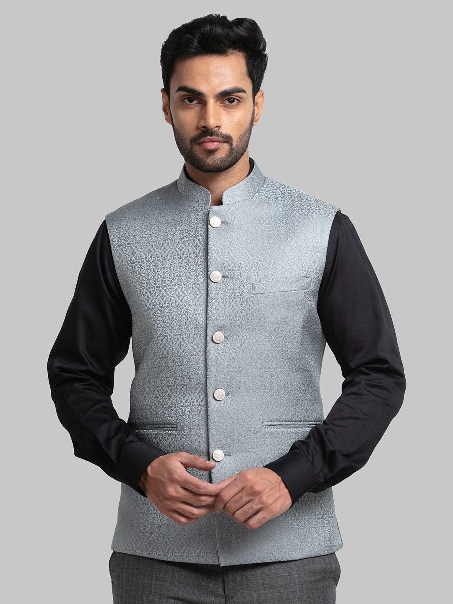 Raymond Grey Regular Fit Embroidered Nehru Jacket