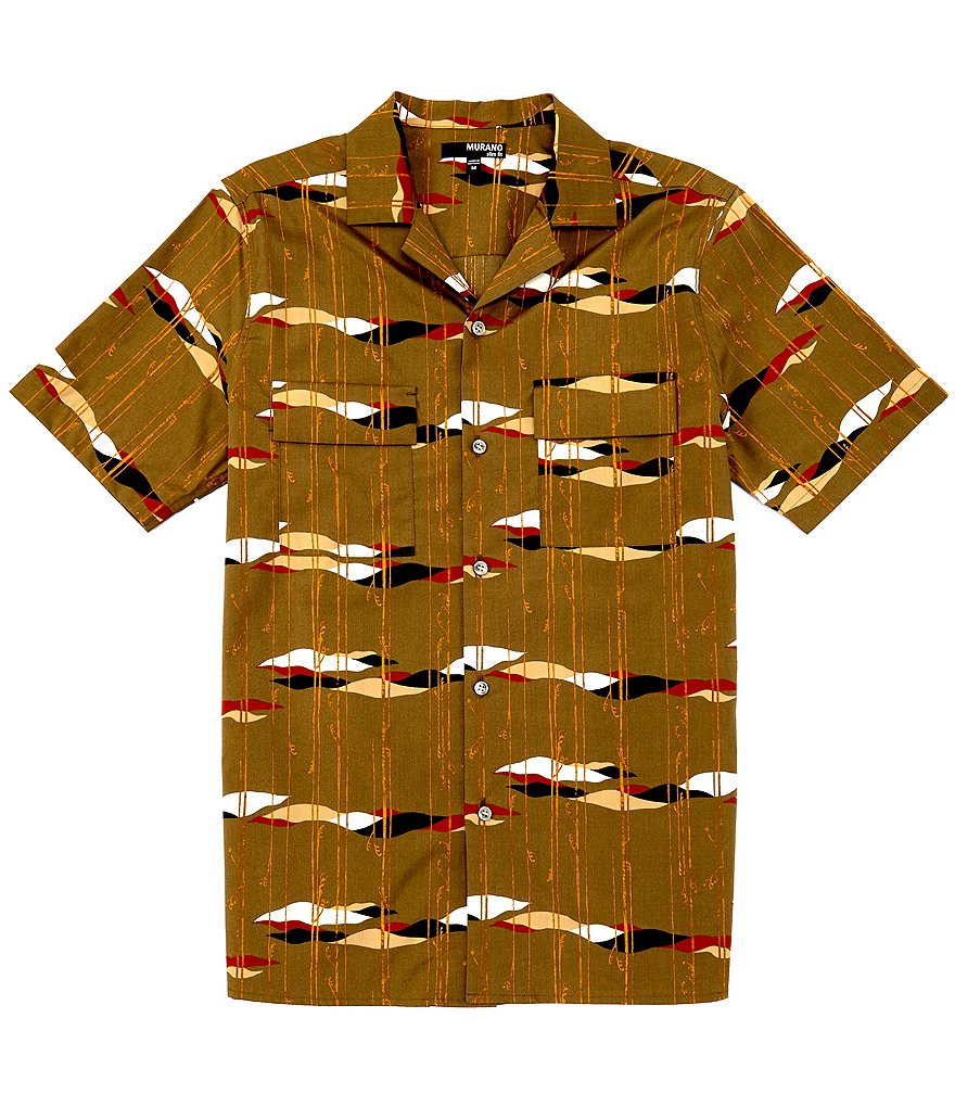 Murano Slim-Fit Stripe Print Short-Sleeve Woven Camp Shirt