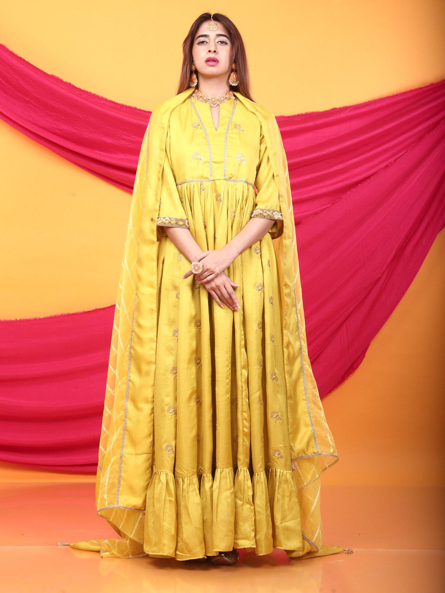 Monk & Mei Zunera Long Anarkali Kurta with Dupatta Set-Canary Yellow