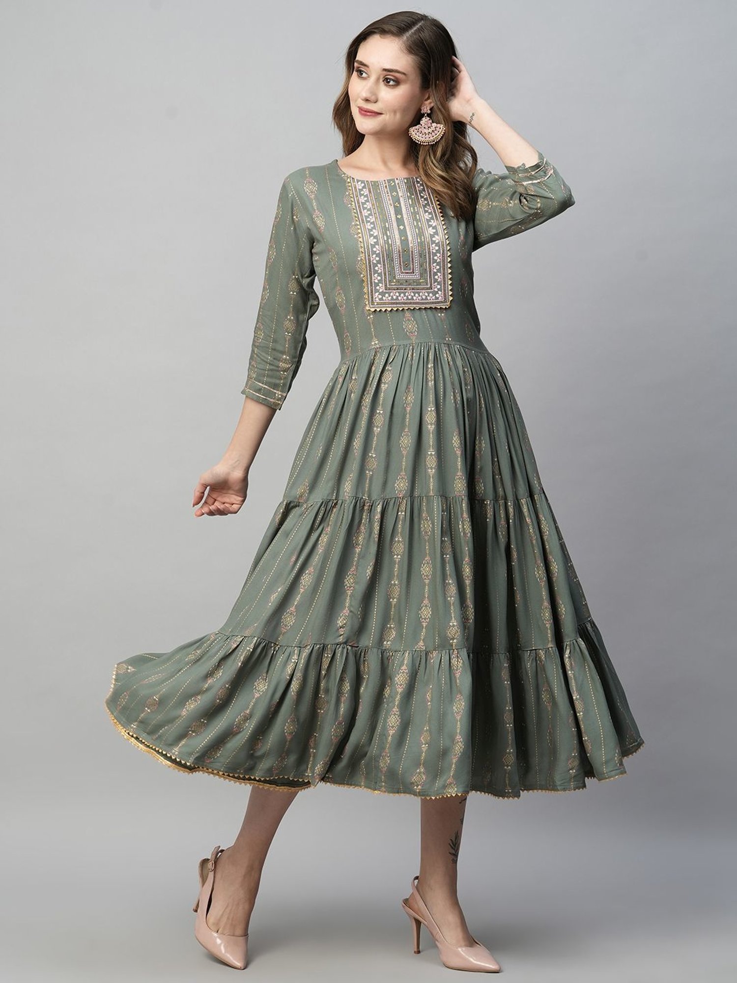 KIANA Grey Printed A-Line Dress