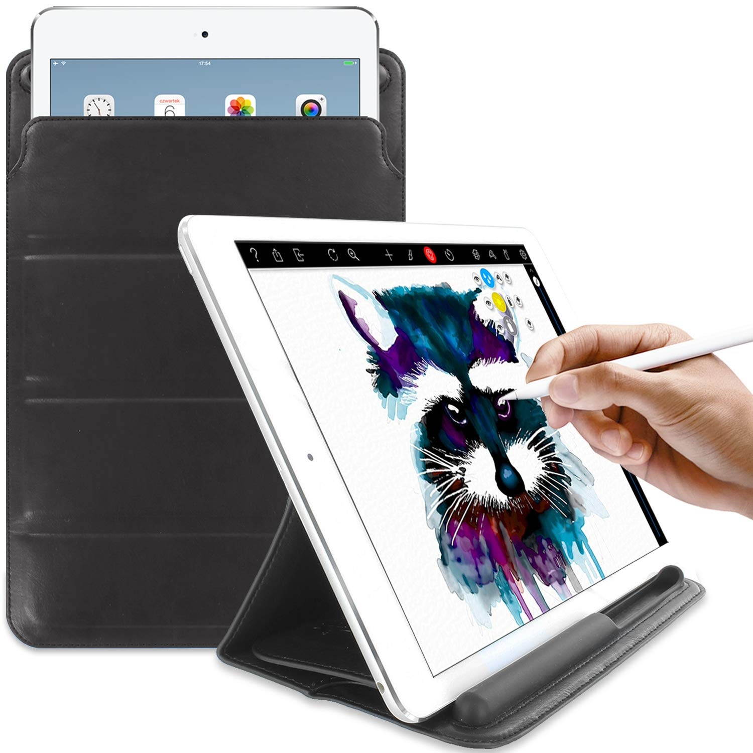 KHOMO iPad 9.7/10.5 Inch Tri-Fold Sleeve Case with Apple Pencil Holder - Black